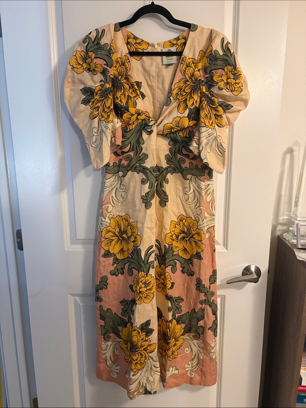 FARM Rio Yellow & Green Floral Midi Dress on Cream and Blush